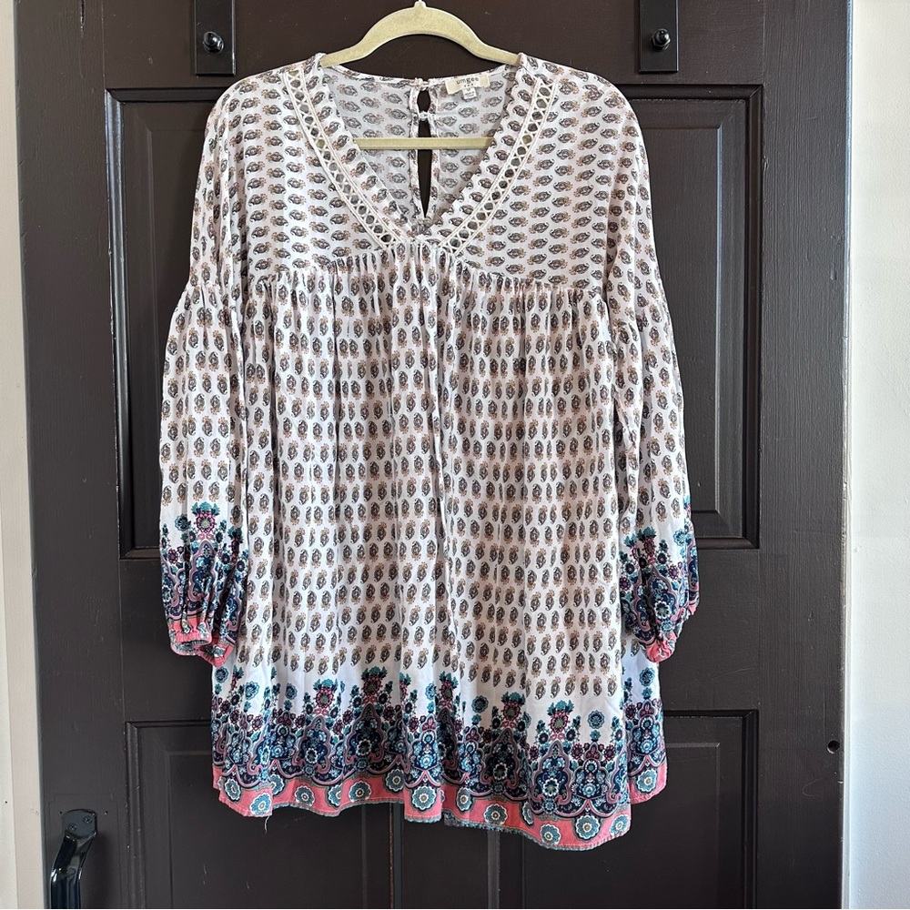 UMGEE Womens Beige Floral Swing Tunic Crotchet Collar Size Medium Bohemian